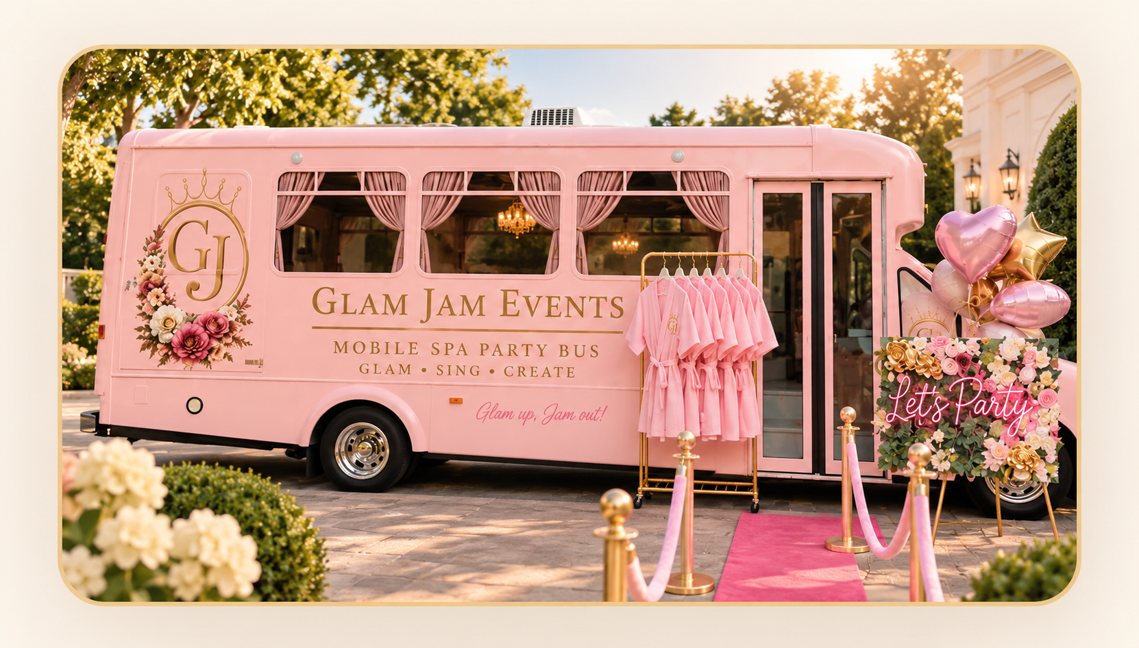 The Glam Jam luxury spa bus — a pink and gold mobile spa experience