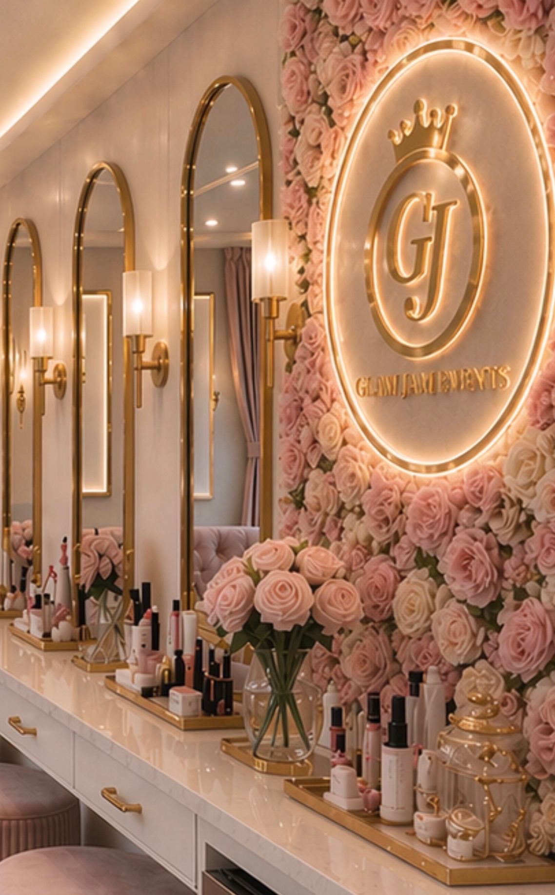 Inside the Glam Jam bus — plush seating, glam mirrors, beauty stations
